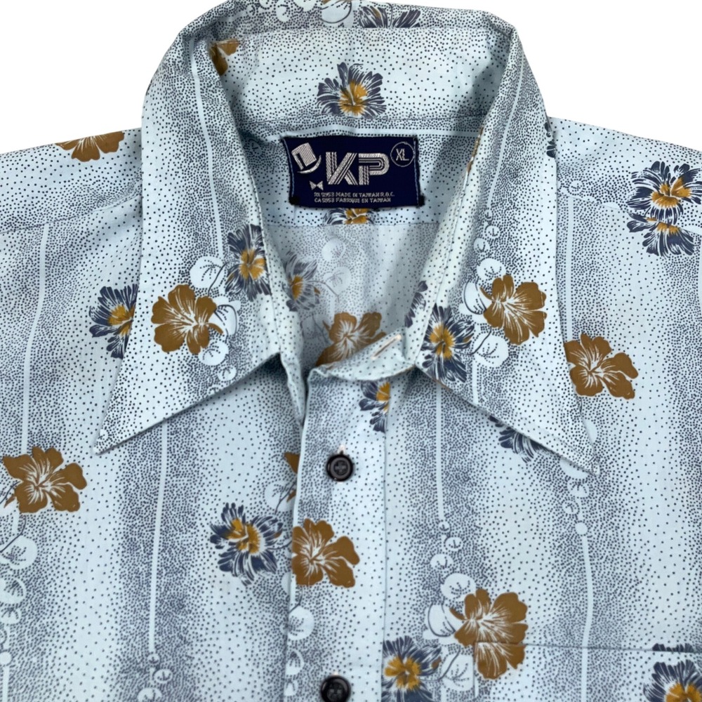 KP Shirt Men XL Blue Floral Dagger Short Sleeve Tropical Hawaiian 70s VTG